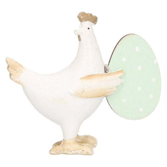 Figur Huhn Polyresin mit Ei aus Holz