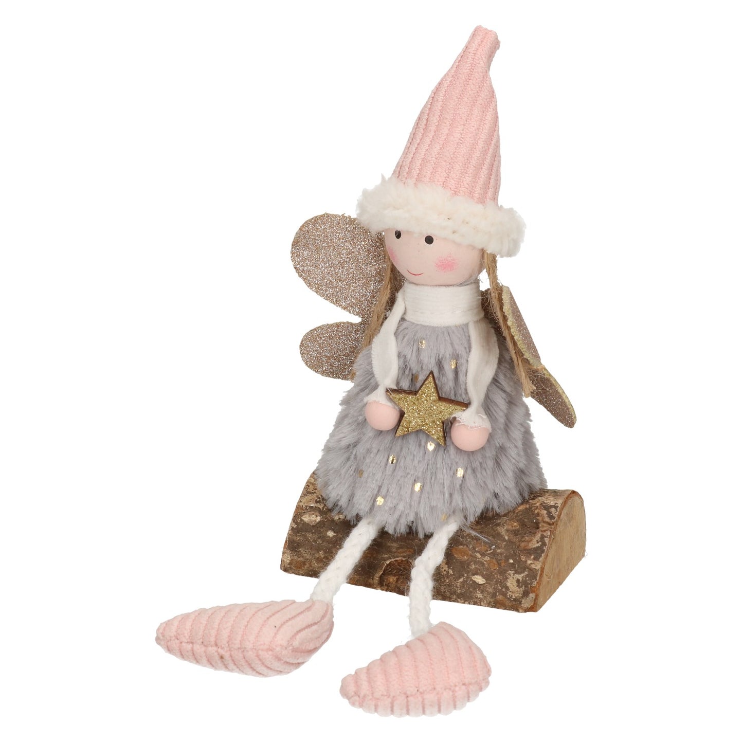 Figur Engel auf Holz sitzend Stoff rosa grau 15 cm