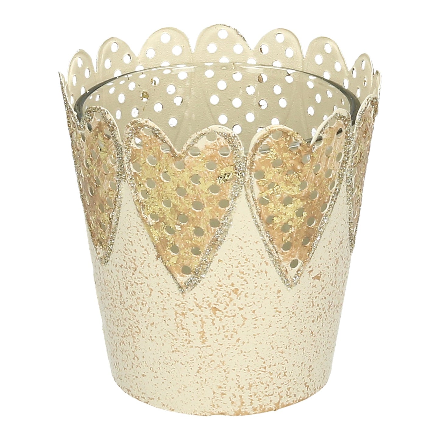 Windlicht beige/gold Glaseinsatz 8,5 cm Metall