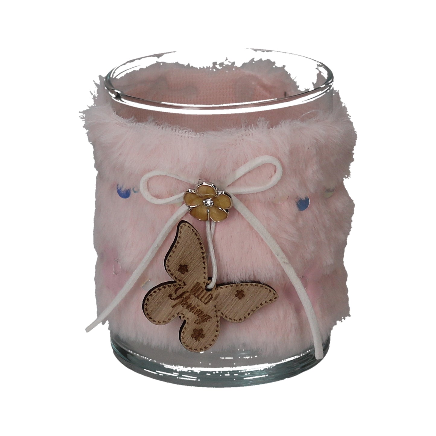 Windlicht Schmetterling mit Fell rosé 10 cm