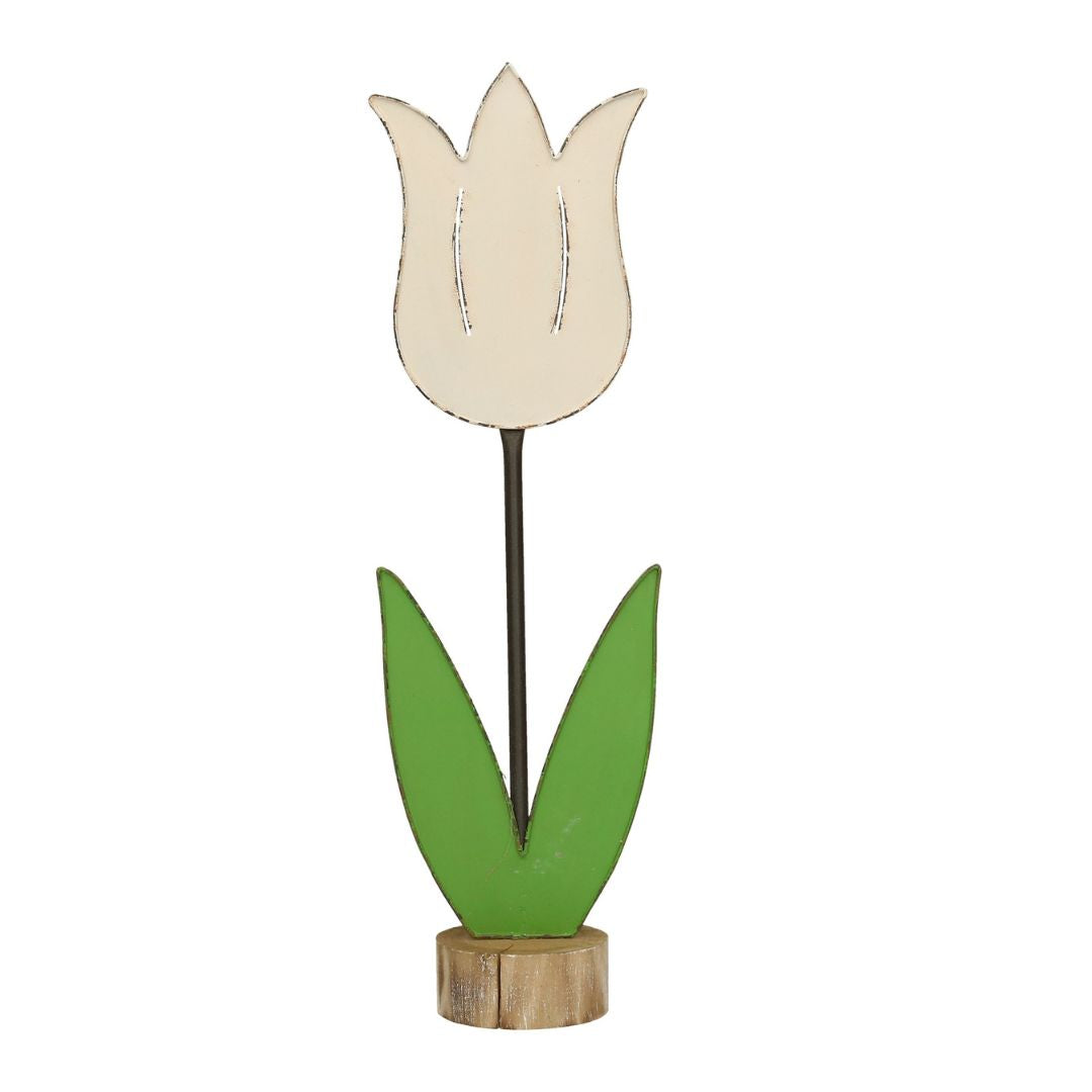 Figur Blume Tulpe auf Holzsockel grün/weiß 2 Größen Metall