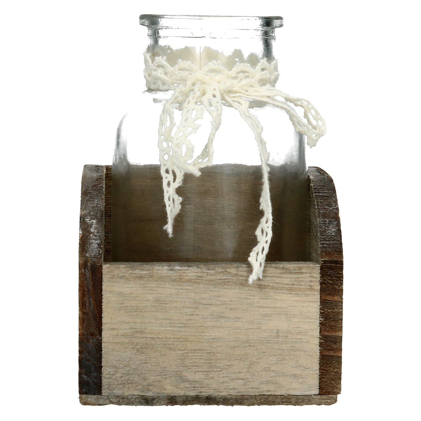 Holzkiste mit Glasflasche mit Spitzenband natur