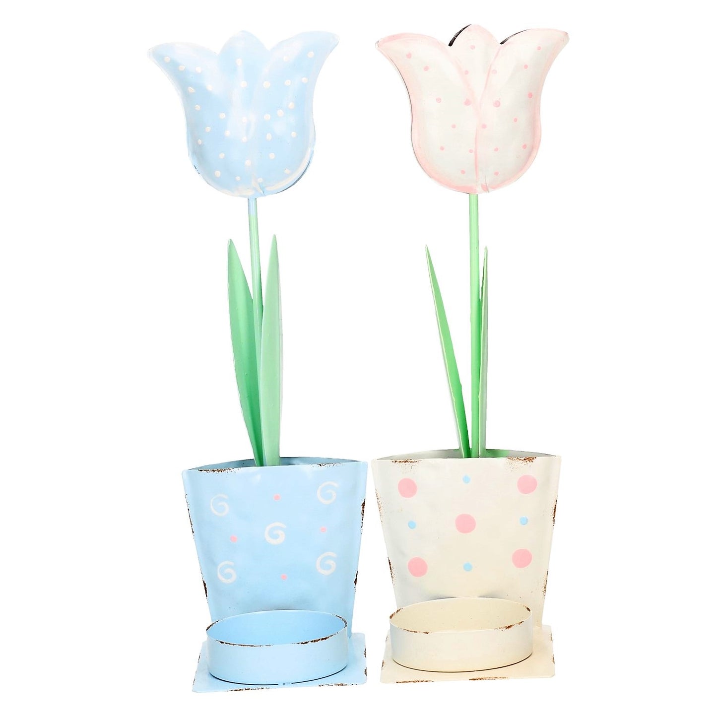 Metall Teelicht Tulpe im Topf hellblau beige 2 Modelle