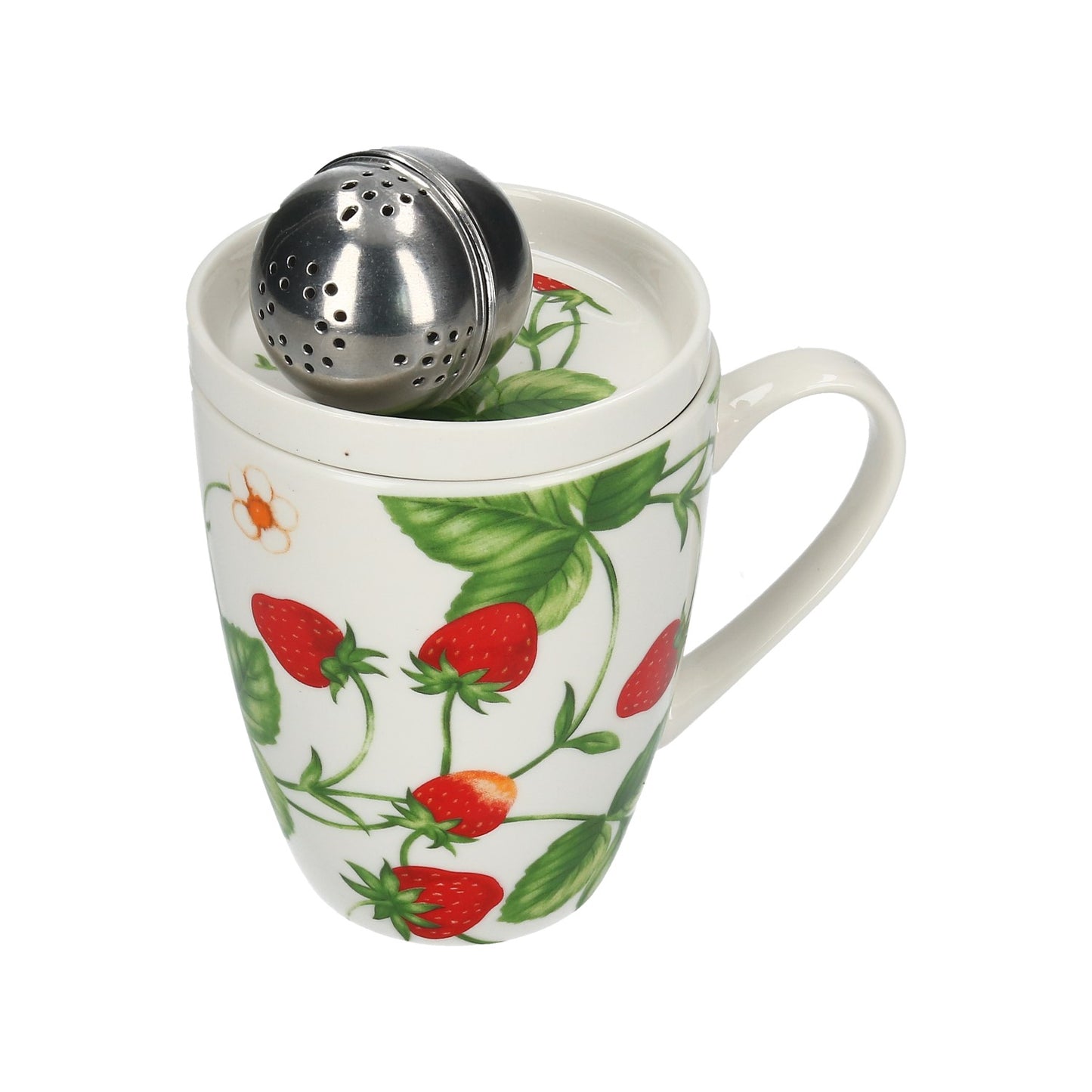 handgemalt Tasse Erdbeere mit Teesieb und Deckel