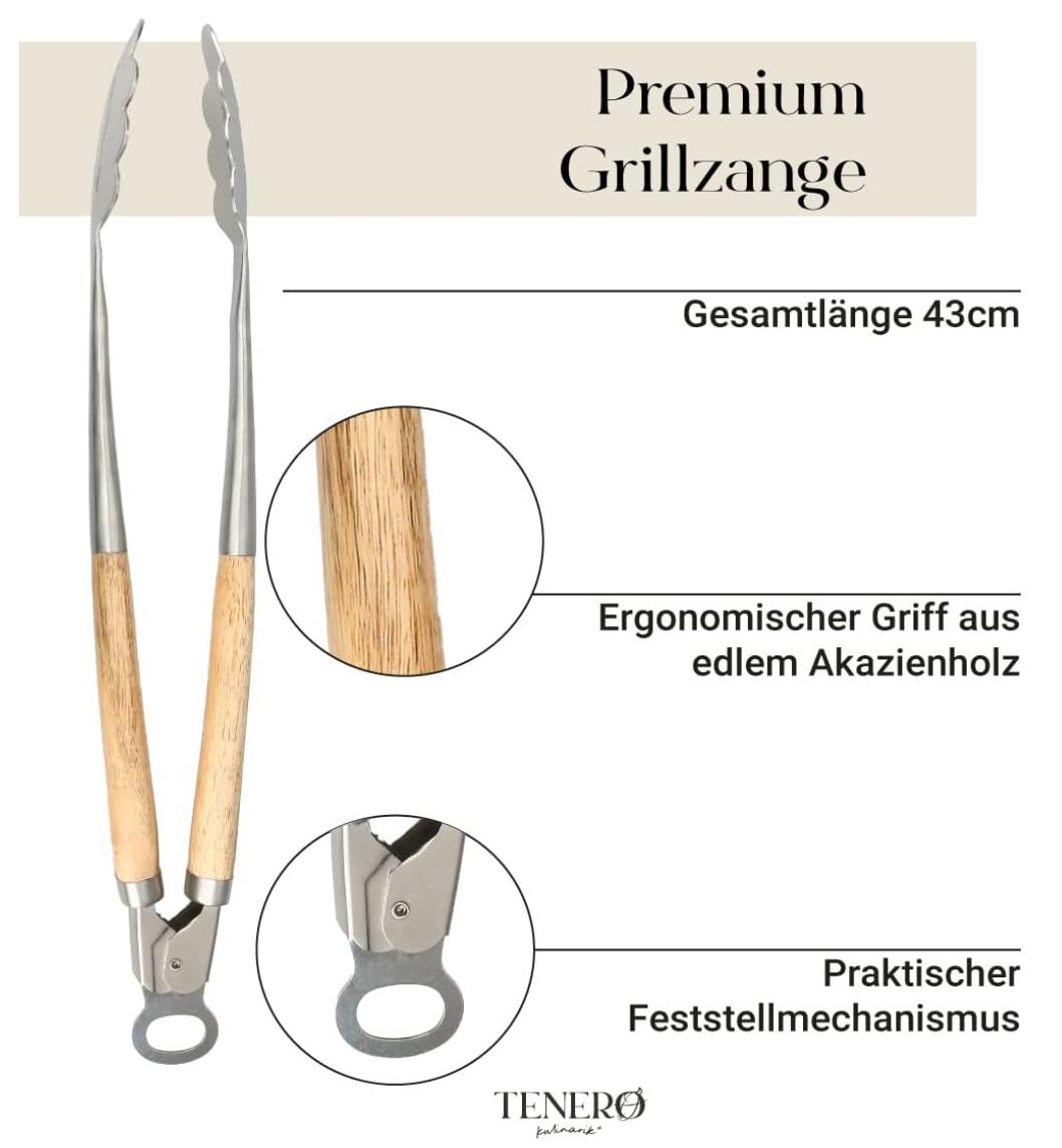 Grillzange aus Akazienholz und Edelstahl