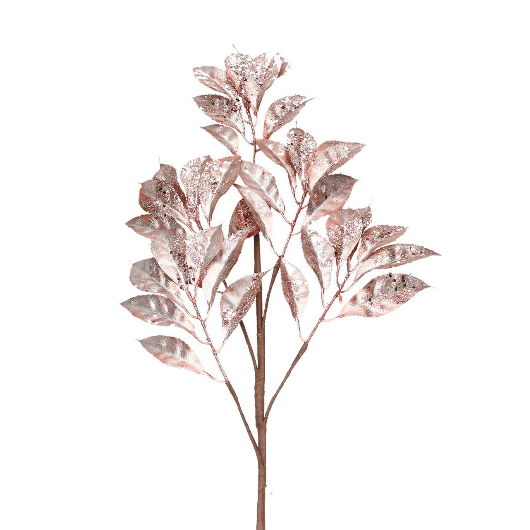 Zweig mit Blättern und Pailletten gold rosé 90 cm