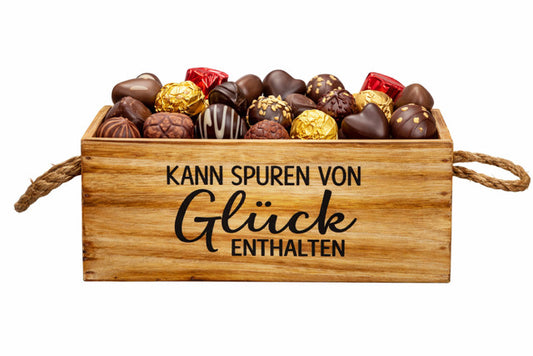 Kiste Holz "kann Spuren von Glück enthalten" 18x8x7 cm VE 6