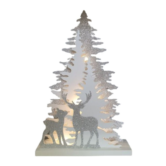 Figur Baum mit Hirsch LED weiß/glitzer Holz 31 cm