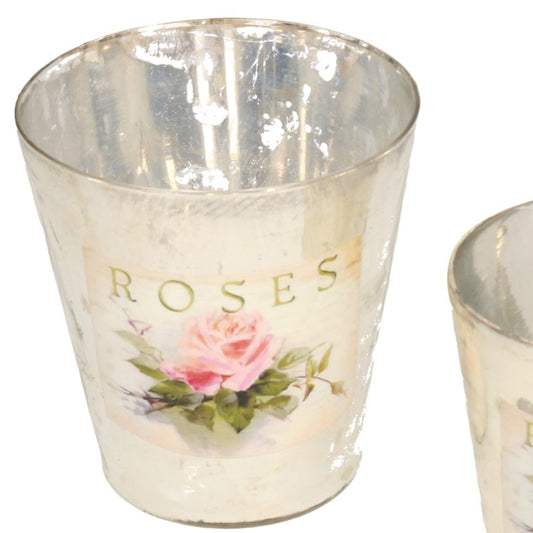 Glas 10x10x10cm mit Rosenmotiv, silber