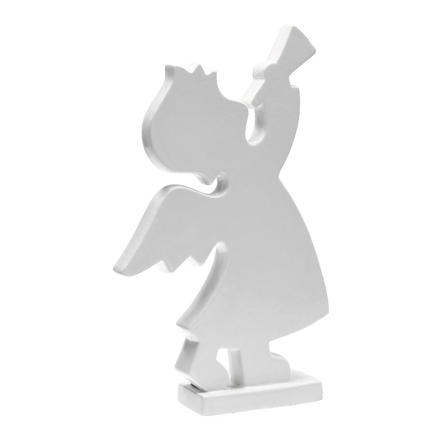 Figur Engel mit Trompete Keramik weiß glasiert 17 cm