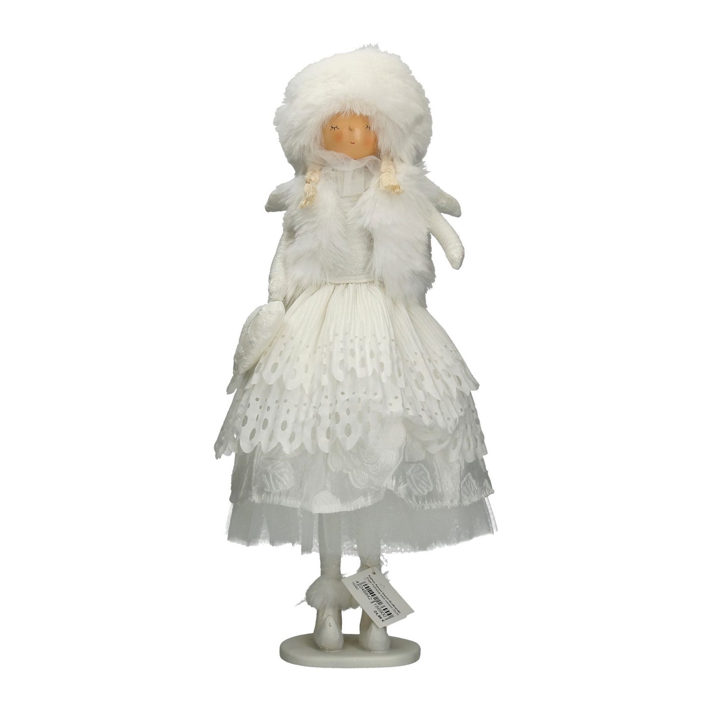 Puppe Engel mit Fellmütze stehend weiß 49 cm