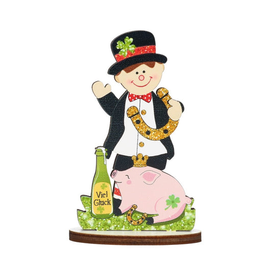 Figur Schornsteinfeger mit Schwein Holz Glitzer 10 cm