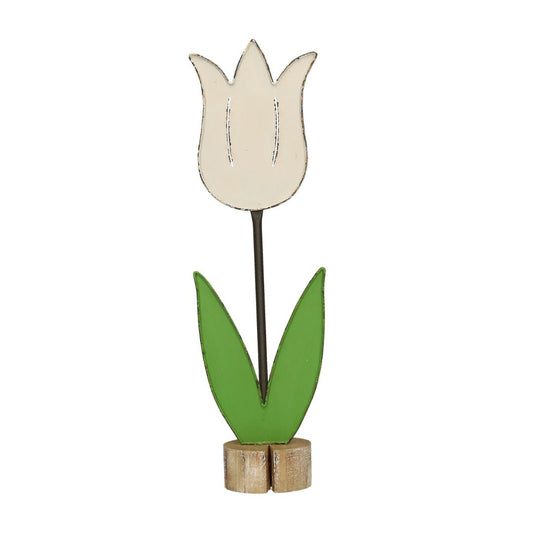 Figur Blume Tulpe auf Holzsockel grün/weiß 2 Größen Metall