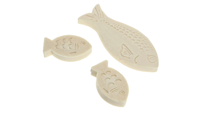 3 weiße Fische in Seifen Form in Geschenkverpackung