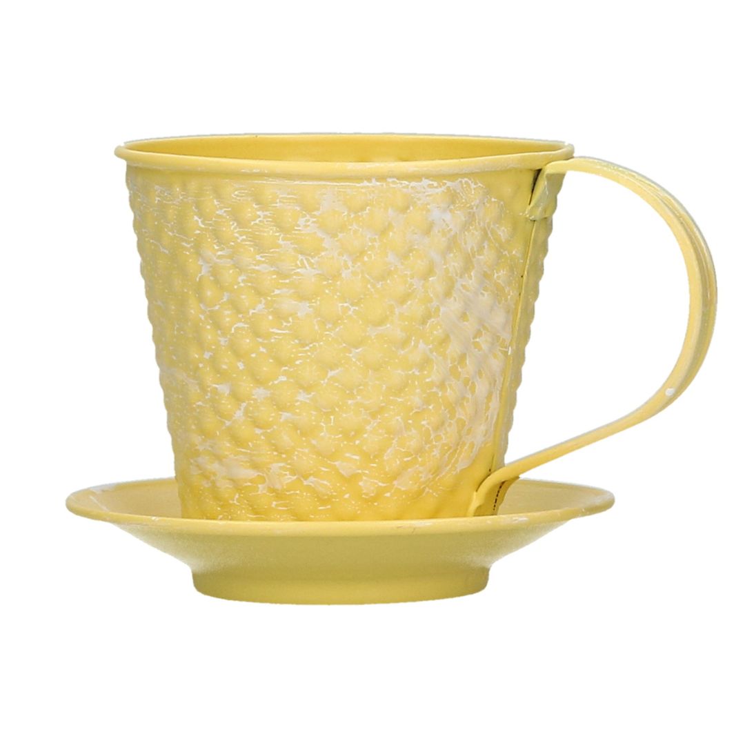 Metall Tasse mit Untertasse gelb
